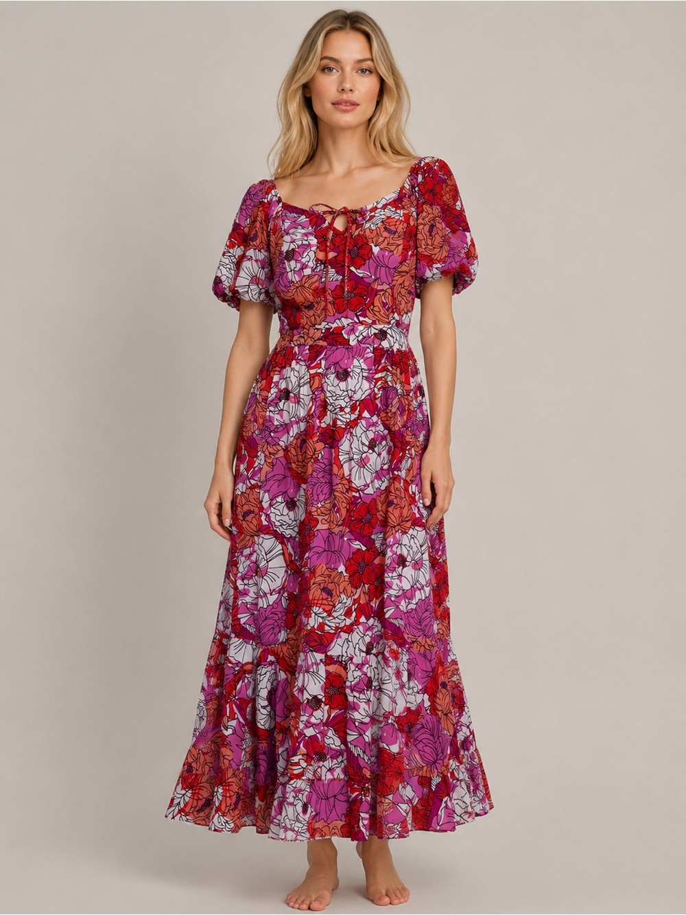 Japna Red & Pink Retro Floral Maxi Dress Puff Sleeves Flowy Boho 100% Rayon